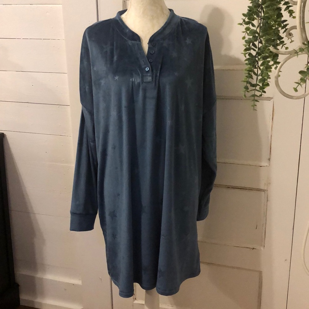 Womens Size 2X Sleepshirt Gown Long Sleeve Pajamas Blue Velour Jaclyn Intimates
